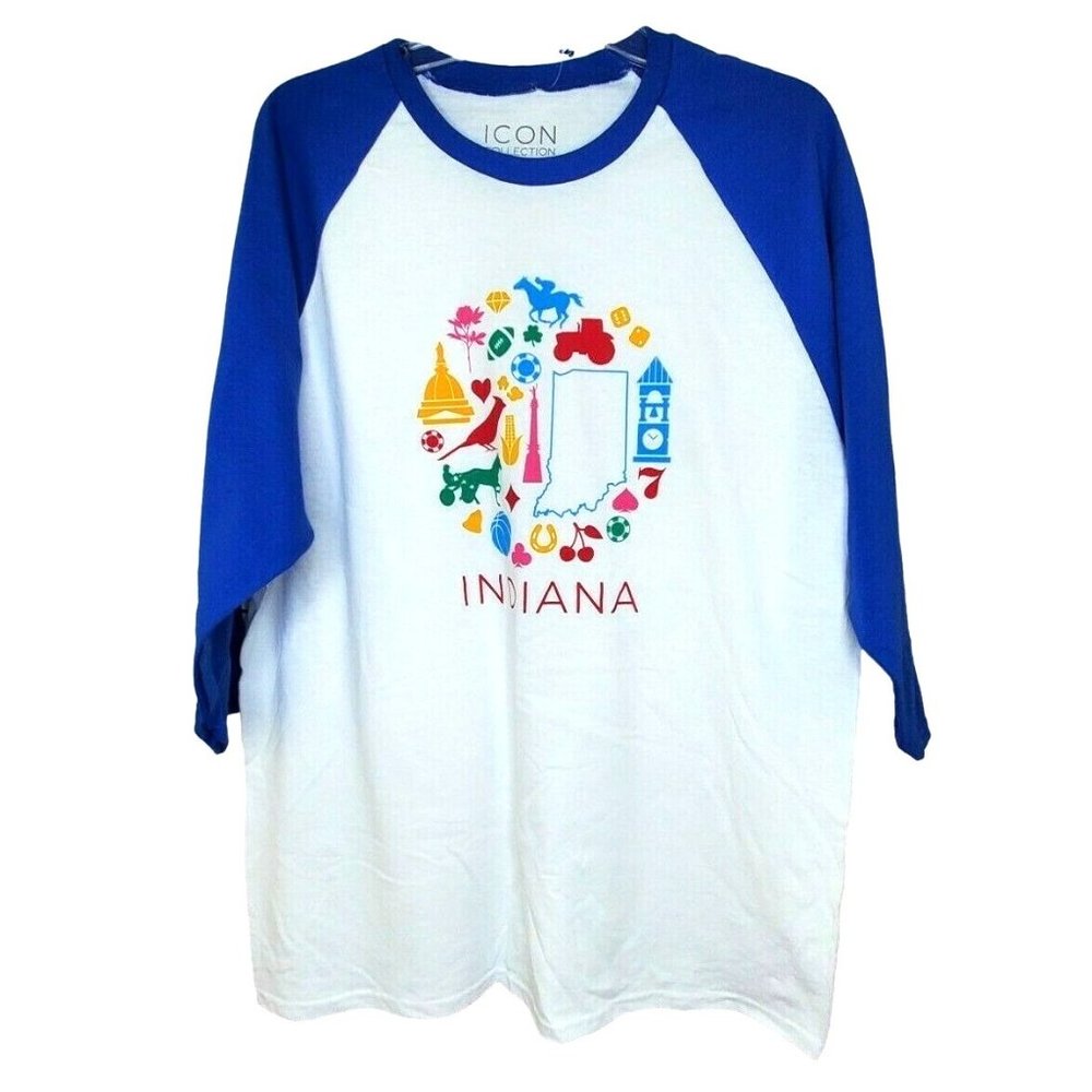 Rare White Blue Large Icon Collection Unisex 1/4 Sleeve Indiana Landmarks Shirt